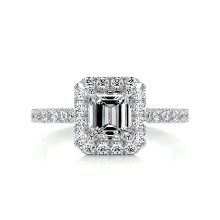 Refined 1.0ct emerald halo moissanite ring three quarter angled view