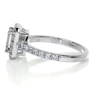 Refined 1.0ct emerald halo moissanite ring tilted view catching the light