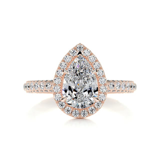 2.0ct Pear Cut Halo 3 Side Pave Diamond Moissanite Engagement Ring