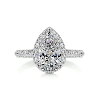 2.0ct Pear Cut Halo 3 Side Pave Diamond Moissanite Engagement Ring