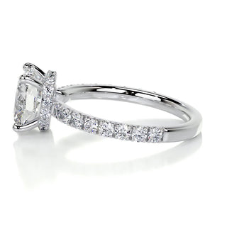 Bold 2.0ct cushion hidden halo moissanite ring tilted view catching the light