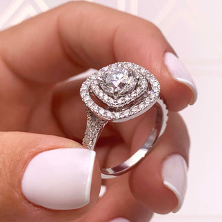 1.0 CT Round Cut Double Halo Pave Moissanite Engagement Ring