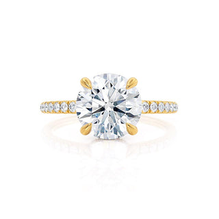 Refined 1.0ct round hidden halo moissanite ring angled view showing its sparkle