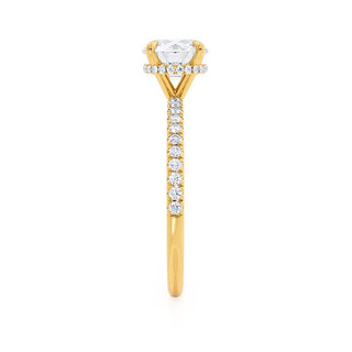 Shimmering 1.0ct round hidden halo moissanite ring shown on a finger