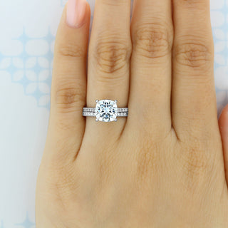 Timeless round full eternity moissanite wedding band three quarter angled view