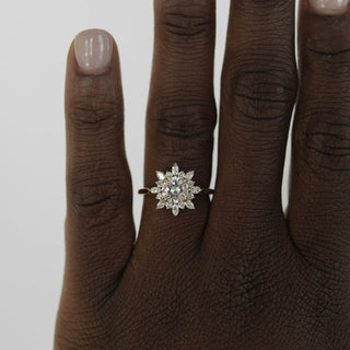 Shimmering 1.05ct round cluster moissanite ring angled view showing its sparkle