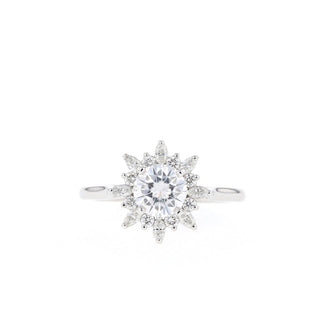 Shimmering 1.05ct round cluster moissanite ring tilted view catching the light
