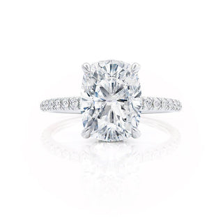 Exquisite 2.30ct cushion hidden halo moissanite ring side profile view