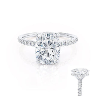 Refined 2.30ct cushion hidden halo moissanite ring close up of the setting