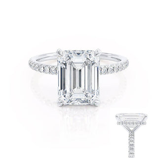 Classic 1.75ct emerald hidden halo moissanite ring close up of the setting