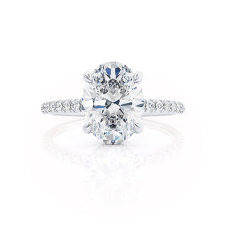 Graceful 1.50ct oval hidden halo moissanite ring close up of the setting