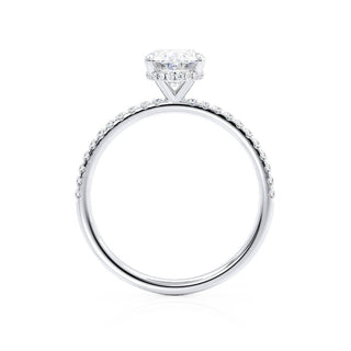 Graceful 1.50ct oval hidden halo moissanite ring shown on a finger