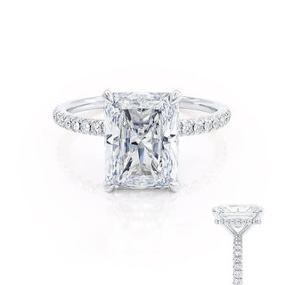 Elegant 1.80ct radiant hidden halo moissanite ring close up of the setting