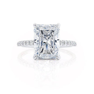 Shimmering 1.80ct radiant hidden halo moissanite ring close up of the setting