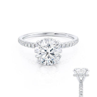 Lustrous 1.0ct round hidden halo moissanite ring shown on a finger