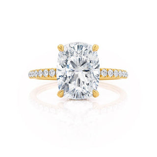 Dazzling 2.30ct cushion hidden halo moissanite ring side profile view