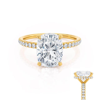Dazzling 2.30ct cushion hidden halo moissanite ring close up of the setting