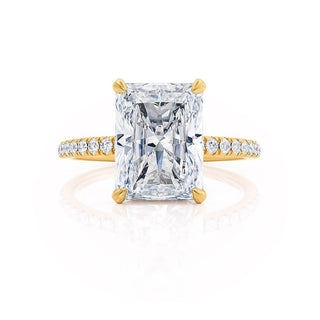 Modern 1.80ct radiant hidden halo moissanite ring angled view showing its sparkle
