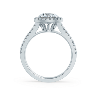 Timeless 0.50ct round halo moissanite wedding band shown on a finger