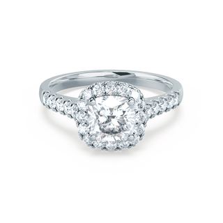 Radiant 1.70ct cushion halo moissanite ring angled view showing its sparkle