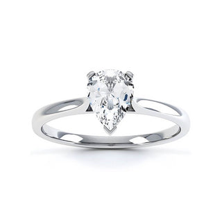 Shimmering 0.94ct pear solitaire moissanite ring angled view showing its sparkle