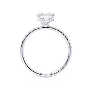 Lustrous 1.50ct princess hidden halo moissanite ring close up of the setting