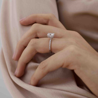 Modern 1.80ct radiant hidden halo moissanite ring three quarter angled view