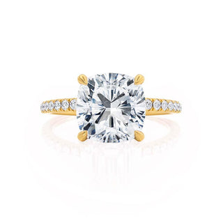 Dazzling 2.40ct cushion hidden halo moissanite ring angled view showing its sparkle