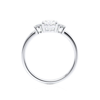 Luminous 1.75ct oval three stone moissanite ring side profile view