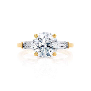 Classic 1.0ct round three stone moissanite ring angled view showing its sparkle