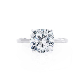 Graceful 2.0ct cushion solitaire moissanite ring angled view showing its sparkle