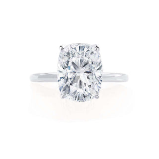 Shimmering 3.34ct cushion solitaire moissanite ring angled view showing its sparkle
