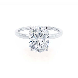 Shimmering 3.34ct cushion solitaire moissanite ring side profile view