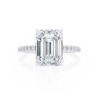 Lustrous 2.52ct emerald solitaire moissanite ring side profile view