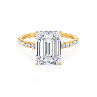 Bold 2.52ct emerald solitaire moissanite ring angled view showing its sparkle
