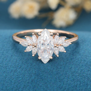 0.90 CT Marquise Cut Cluster Halo Moissanite Engagement Ring front view
