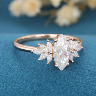 0.90 CT Marquise Cut Cluster Halo Moissanite Engagement Ring close up