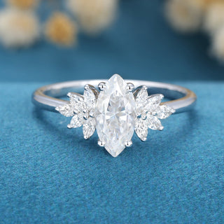 0.90 CT Marquise Cluster Halo Moissanite Engagement Ring front view