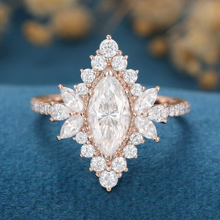 0.90 CT Marquise Cut Cluster Pave Moissanite Engagement Ring front view