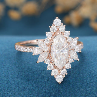 0.90 CT Marquise Cut Cluster Pave Moissanite Engagement Ring top view