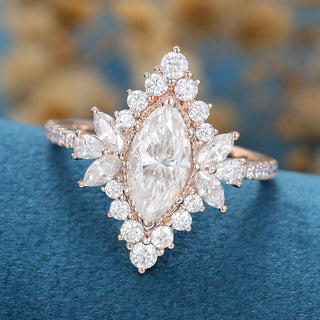 0.90 CT Marquise Cut Cluster Pave Moissanite Engagement Ring close up