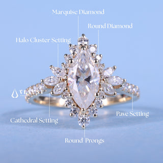 1.0CT Marquise Moissanite Diamond Halo Cluster Vintage Style Engagement Ring