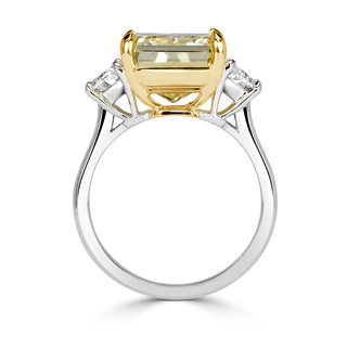 Light yellow radiant three stone moissanite ring stone detail view