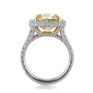 Yellow radiant halo split shank moissanite ring close up detail