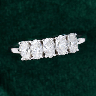 Exquisite 1.29ct oval moissanite wedding band shown on a finger