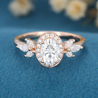 1.33 CT Oval Cut Cluster Moissanite Engagement Ring Wedding front view