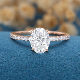 1.33 CT Oval Cut Pave Solitaire Moissanite Engagement Ring front view