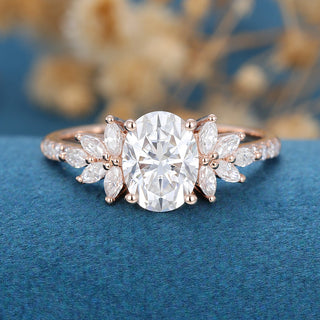 1.33 CT Oval Cut Cluster Pave Moissanite Engagement Ring front view