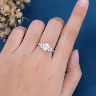 1.33 CT Oval Cut Cluster Pave Moissanite Engagement Ring side view