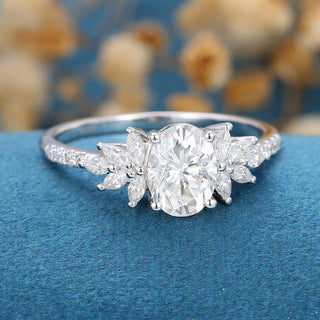 1.33 CT Oval Cut Cluster Moissanite Engagement Ring top view